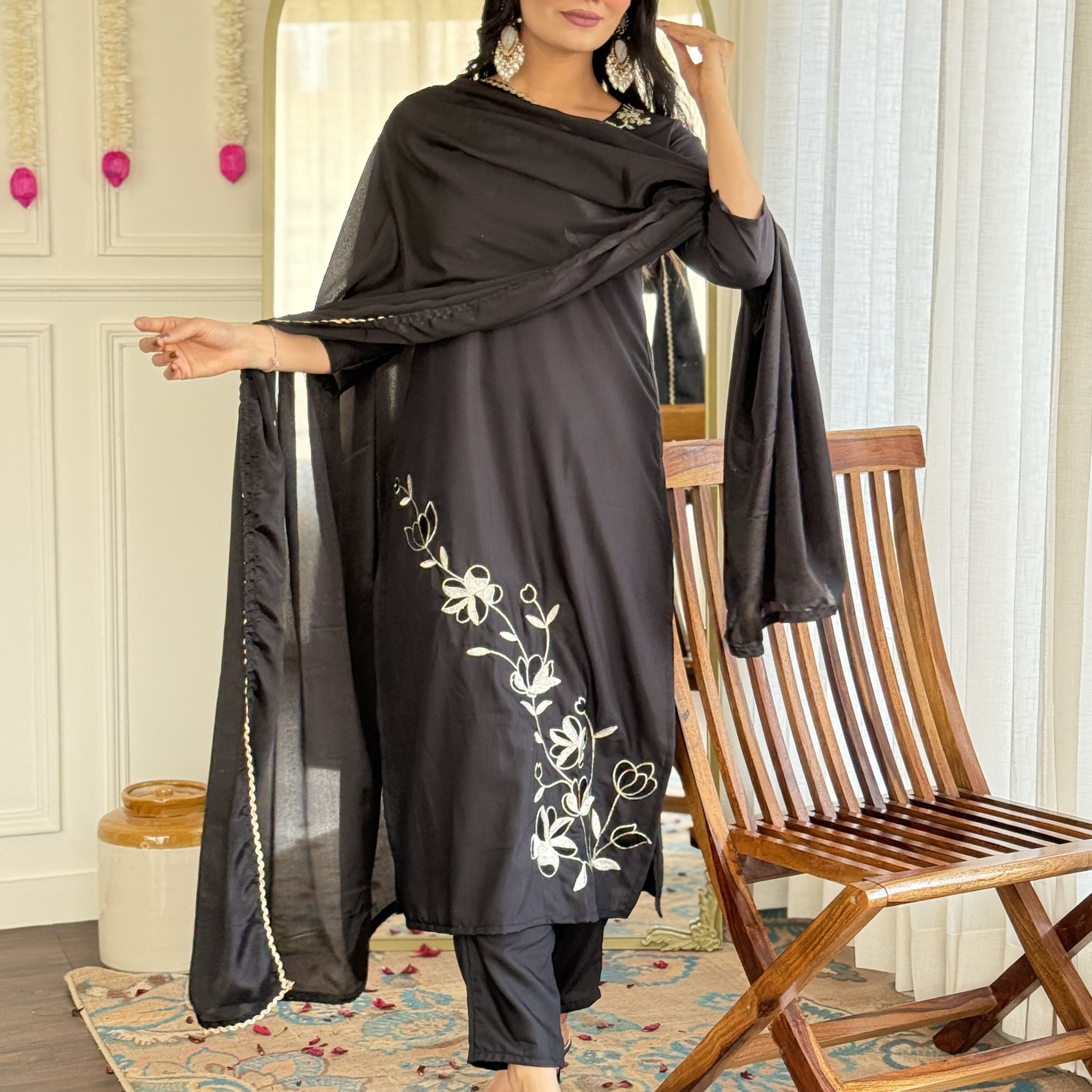 Black Embroidered Viscose Rayon Kurta Set with Chinon Dupatta
