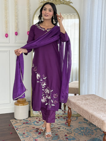 Purple Viscose Rayon Embroidered Kurta Set with Chinon Dupatta