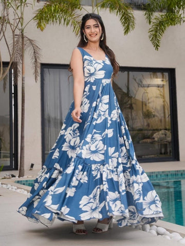 Blue Floral Printed Heavy Cotton Gown Summer Collection For Women's