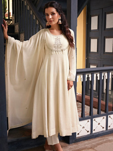 New Arrival Cream Color Vichitra Silk Embroidered Kurta Set For Women's