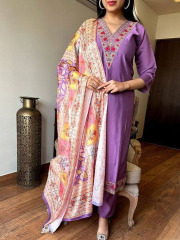 Traditional Purple Chanderi Kurta Set with Soft Silk Crepe Dupatta