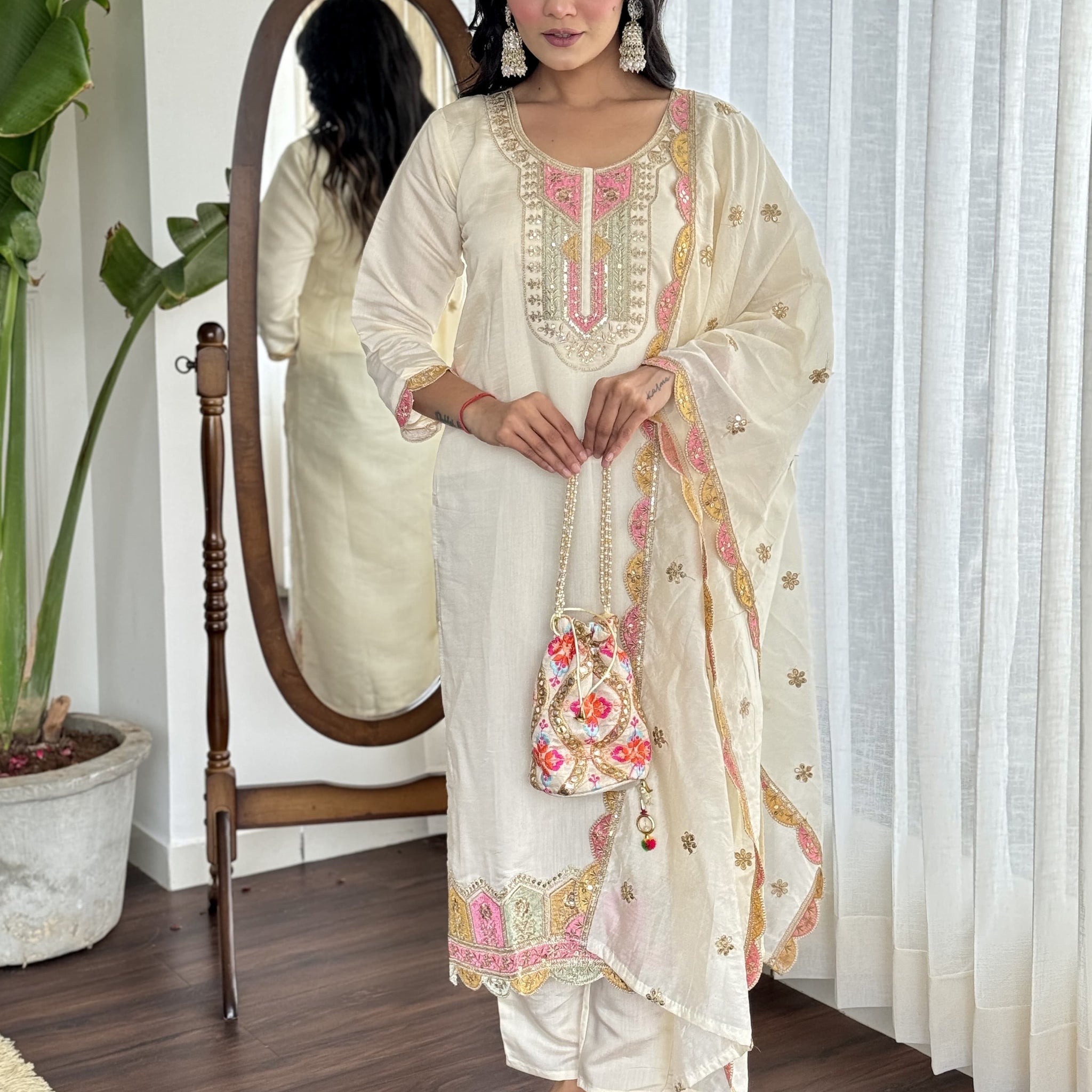 Exclusive OffWhite Color Heavy Viscose Chanderi Embroidered Kurta Set For Women
