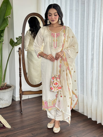 Exclusive OffWhite Color Heavy Viscose Chanderi Embroidered Kurta Set For Women