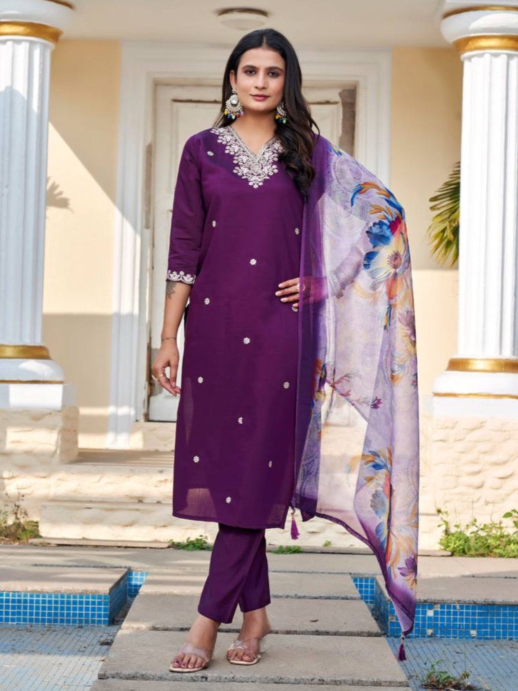Wine Roman Silk Embroidered Kurta Set with Elegant Chanderi Silk Dupatta – Festive & Occasion Wear for Women