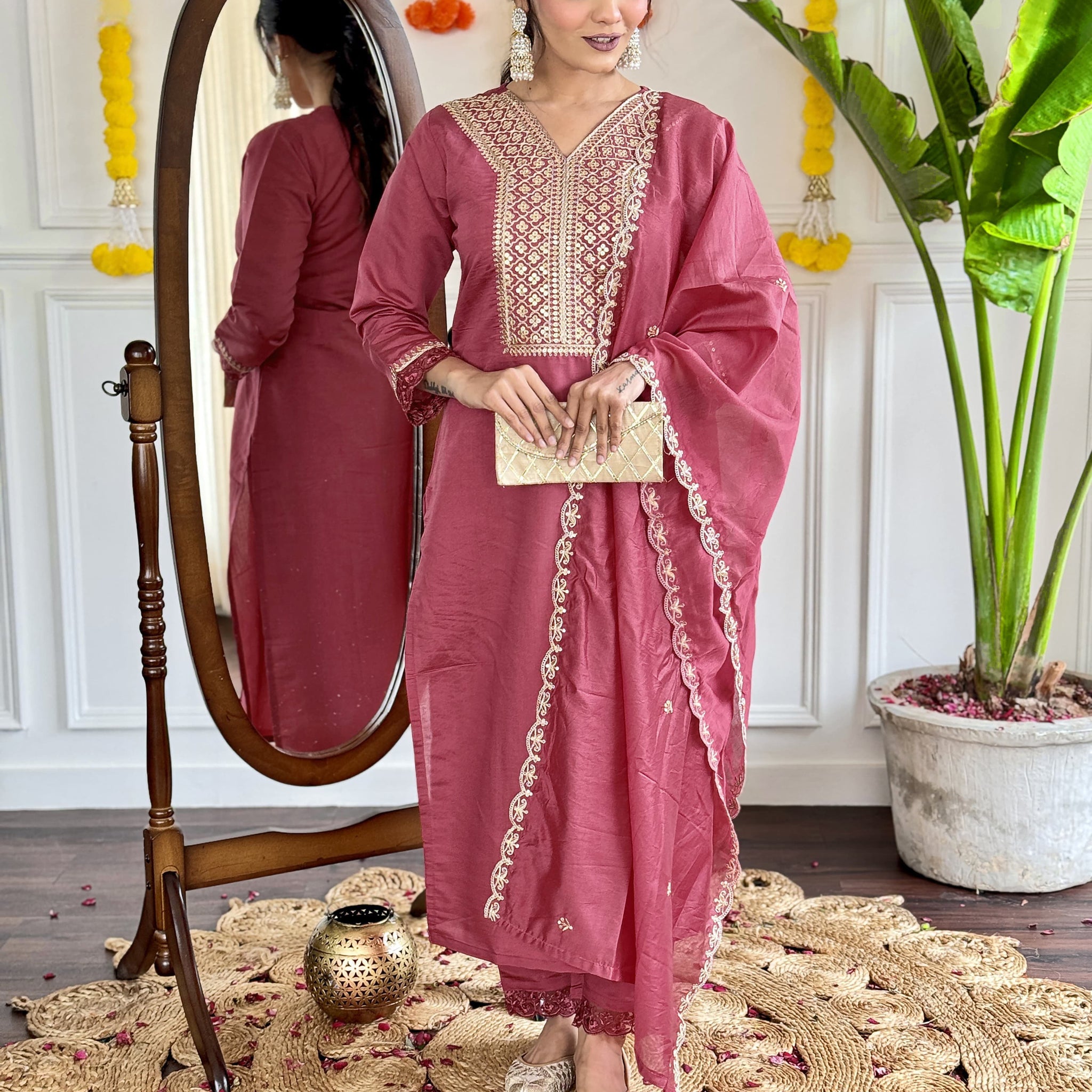 Royal Weave Designer Viscose Chanderi Embroidery Set with Premium Dupatta For Women's