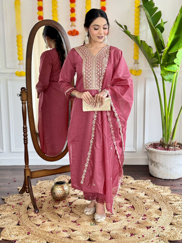 Royal Weave Designer Viscose Chanderi Embroidery Set with Premium Dupatta For Women's