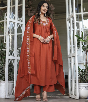Women's Rayon Slub Kurta Set – Chanderi Cotton, Fully Embroidered