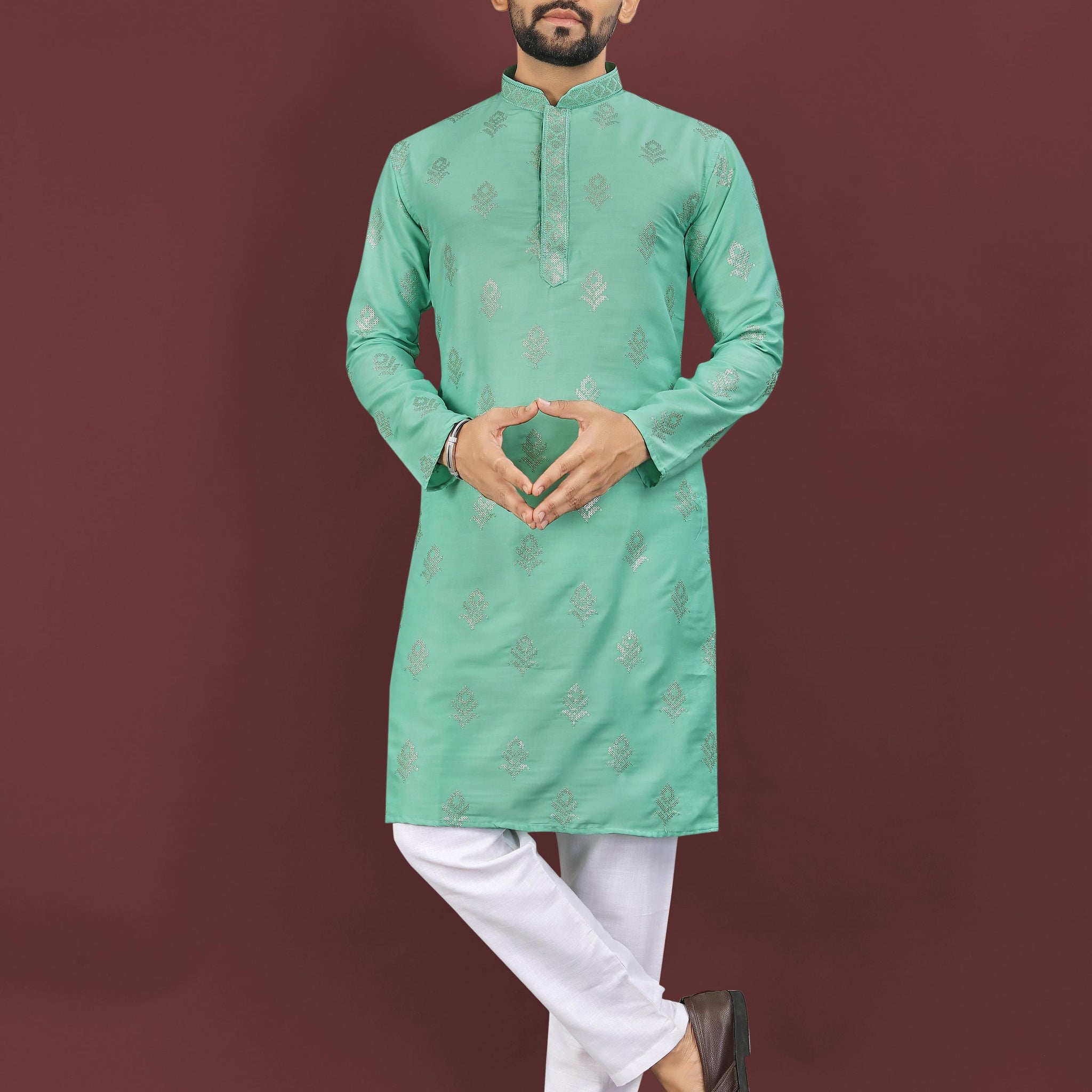 Men's Heavy Viscose Silk Embroidered Sequence Kurta with Cotton Pajama