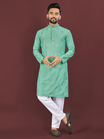 Men's Heavy Viscose Silk Embroidered Sequence Kurta with Cotton Pajama