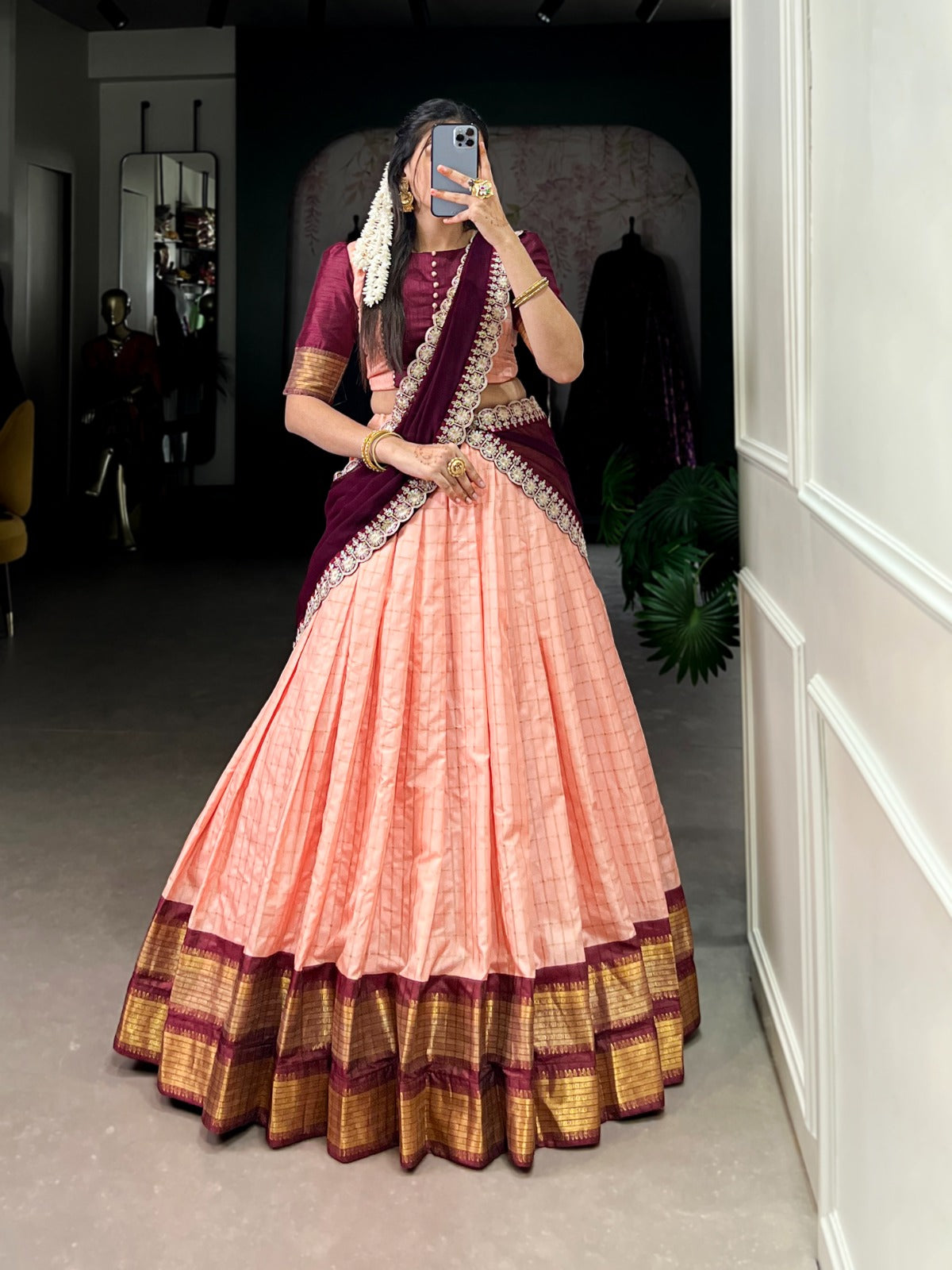 South Indian Peach Color Half Saree