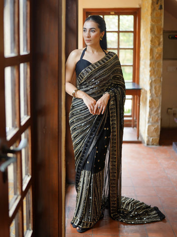 Designer Black Sequin Embroidered Saree in Georgette with Lace Border & Silk Blouse