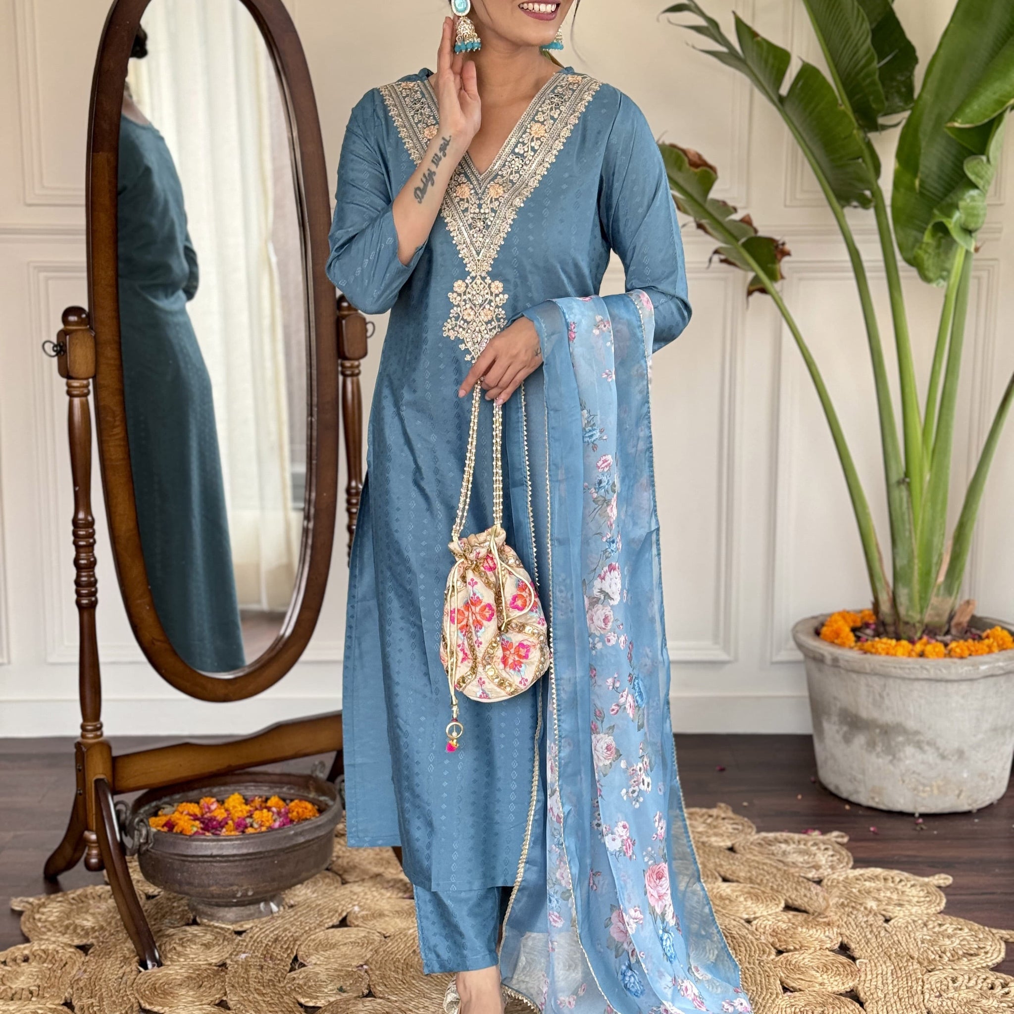 Elegant Viscose Rayon Embroidered Set with Stylish Tabby Dupatta For Women's