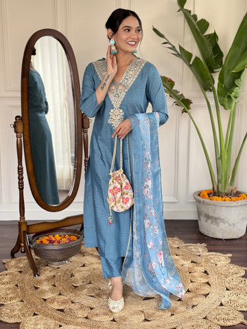 Elegant Viscose Rayon Embroidered Set with Stylish Tabby Dupatta For Women's
