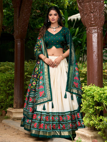 Green Designer Tussar Silk Lehenga with Patola Print & Dupatta - Unstitched Blouse Piece - Women's