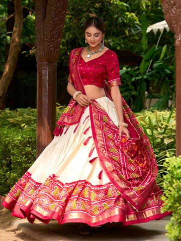 Women's Heavy Tussar Silk Patola Print Lehenga Choli with Dupatta - Unstitched Blouse - Red Color