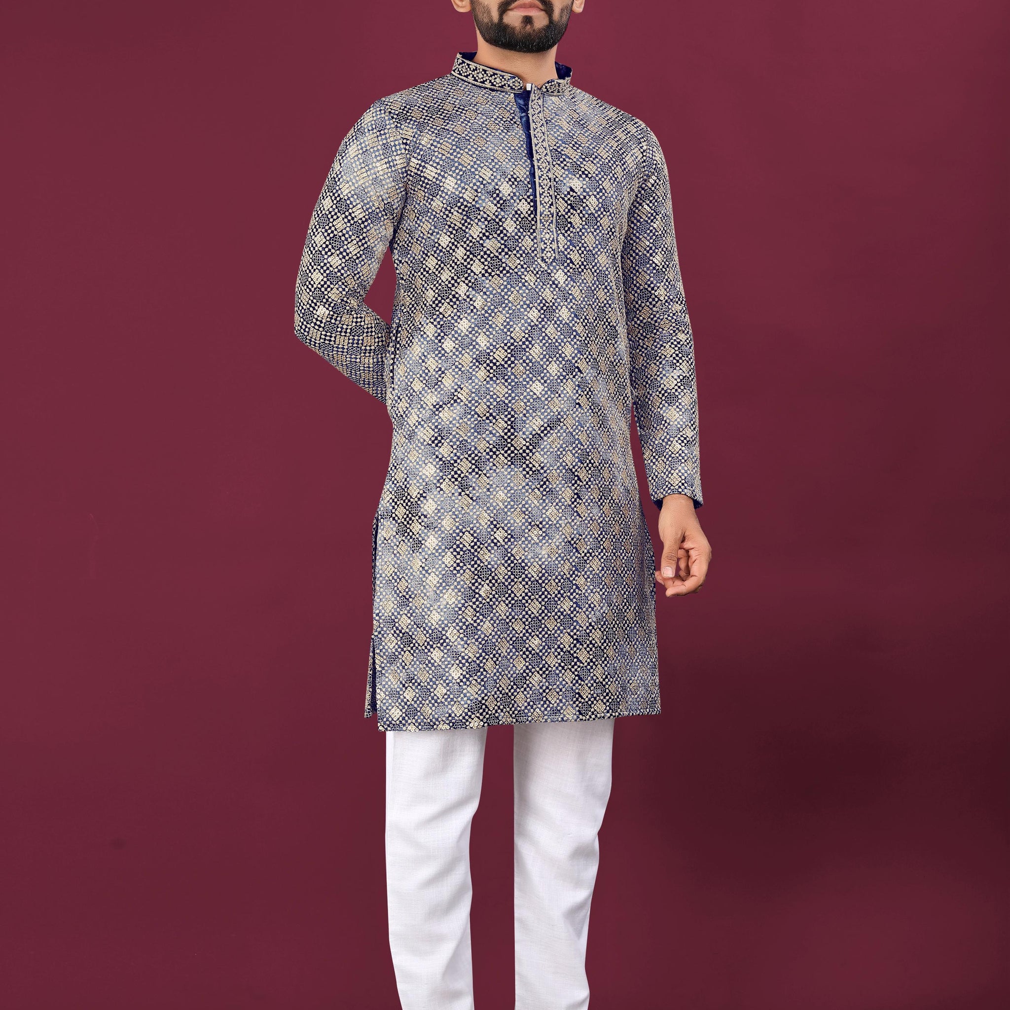 Lucknowi Chikankari Men's Kurta Set - Viscose Rayon & Cotton Pajama