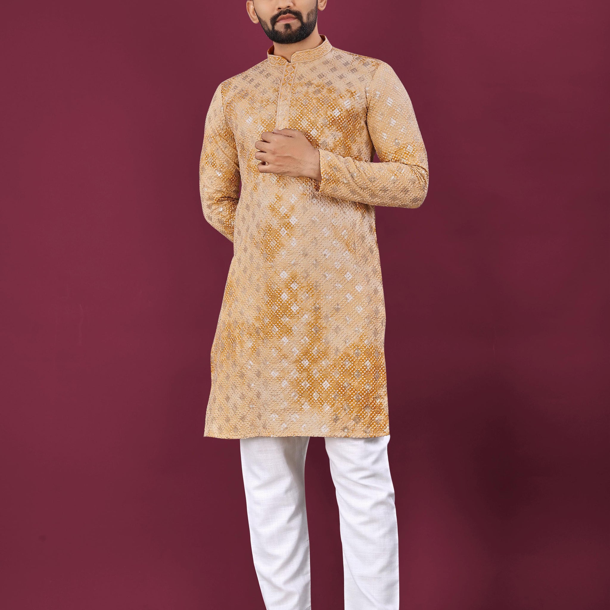Heavy Chikankari Viscose Rayon Kurta & Cotton Pajama Set for Men
