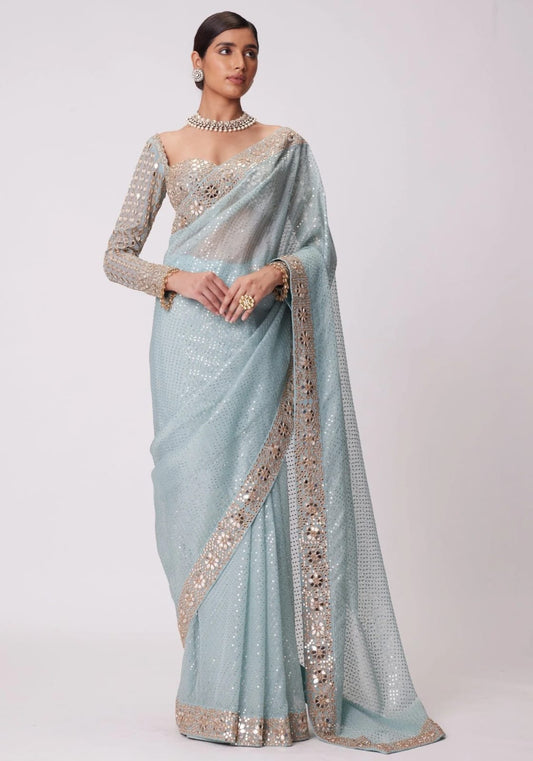 Georgette Sky Blue Color Sequence Saree For Party Wear