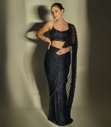 Elegant Fully Black Saree with Sequence Embroidery Work