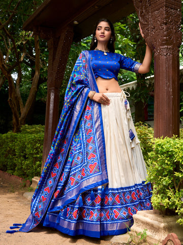 Royal Blue Patola Print Tussar Silk Lehenga Set for Women - Heavy Work & Unstitched Blouse For Women's