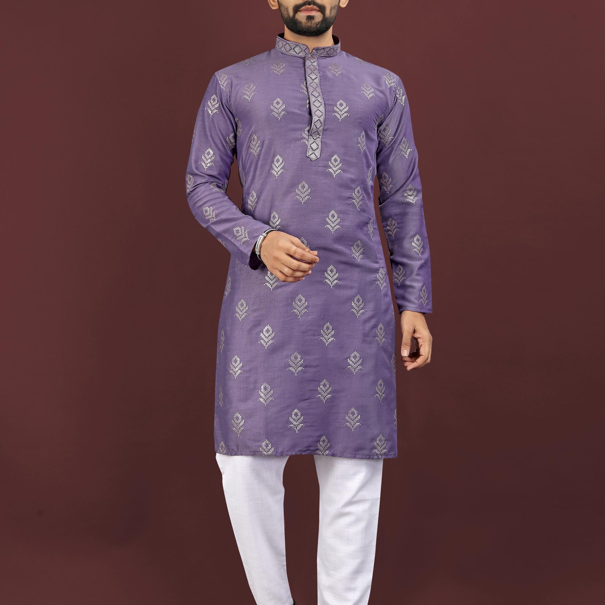 Men's Heavy Viscose Silk Embroidered Sequence Kurta with Cotton Pajama