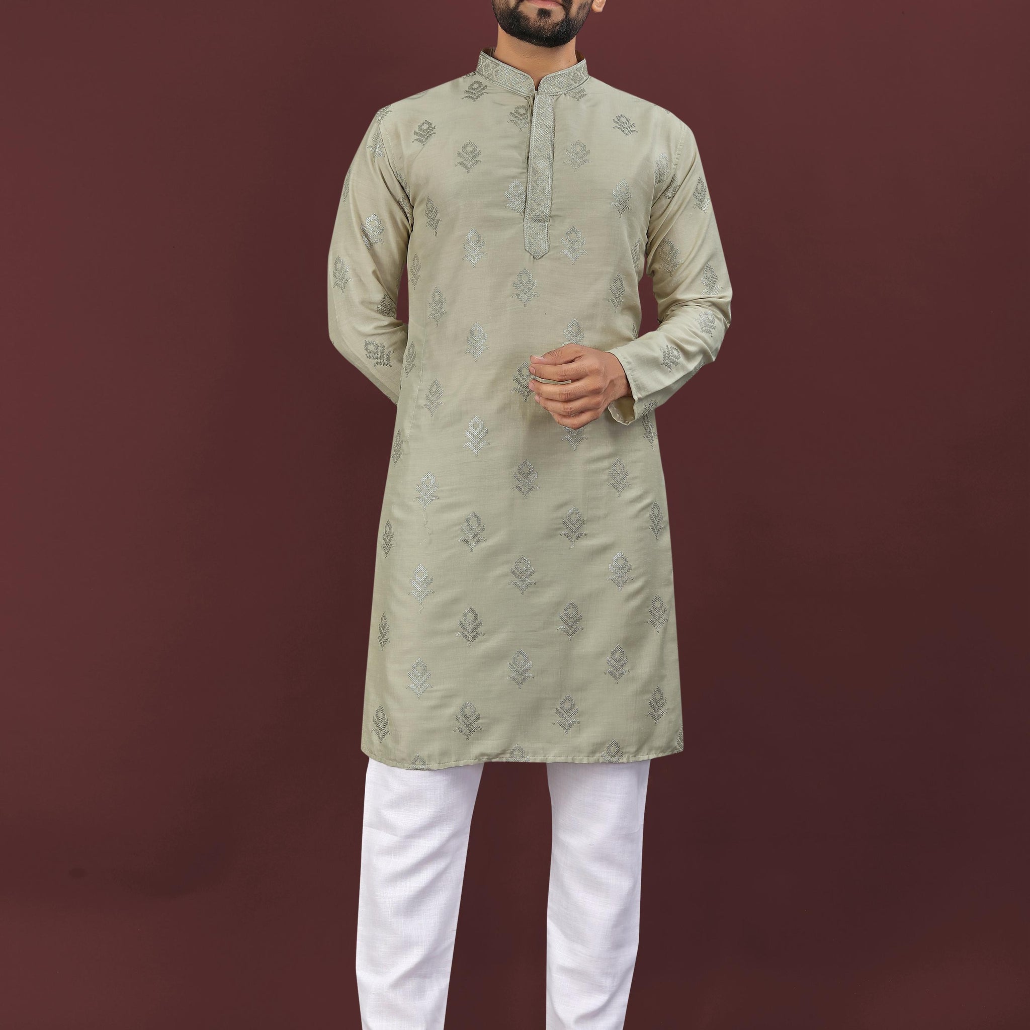 Men's Heavy Viscose Silk Embroidered Sequence Kurta with Cotton Pajama