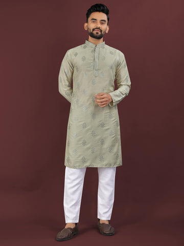 Men's Heavy Viscose Silk Embroidered Sequence Kurta with Cotton Pajama