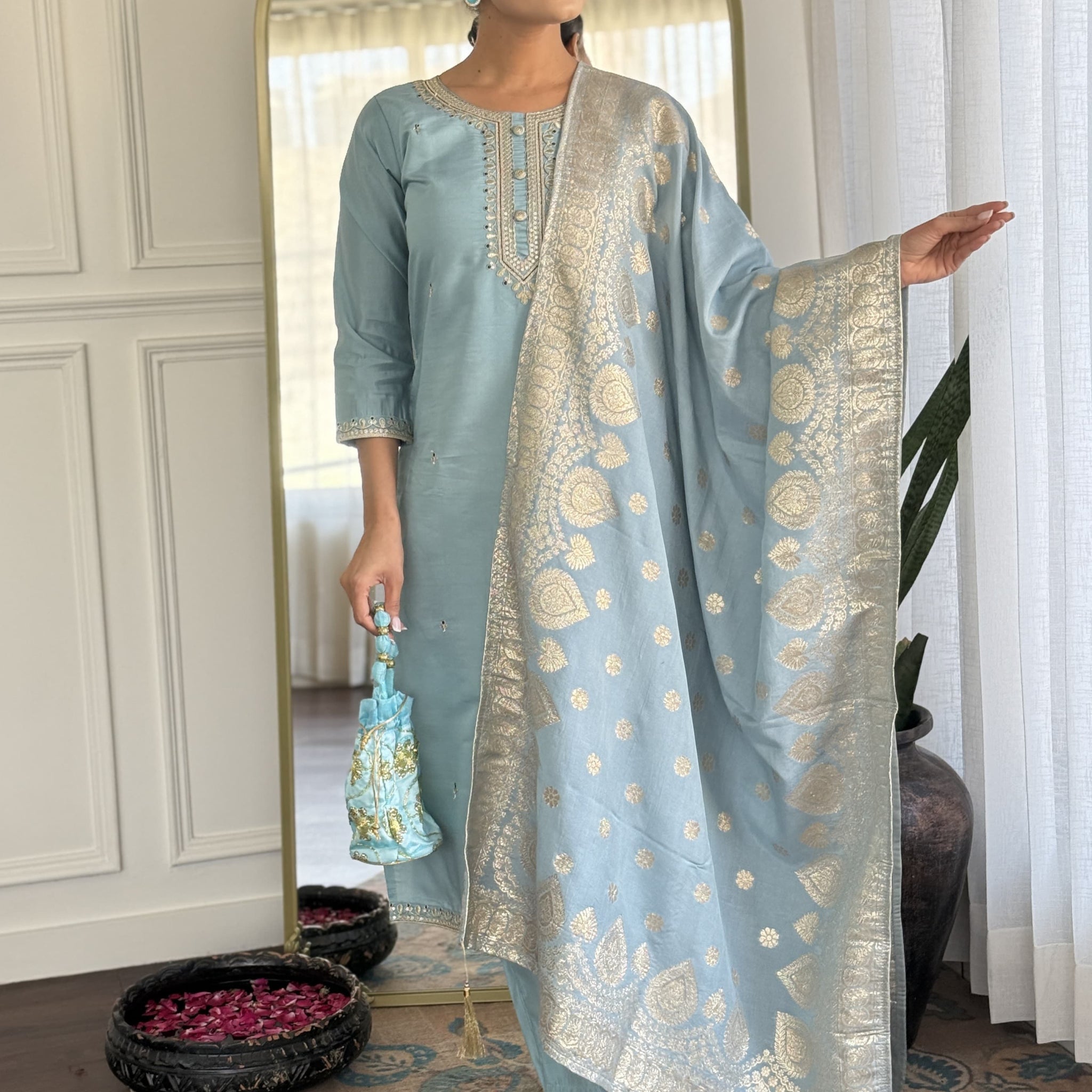 Viscose Chanderi Embroidered Kurta Set with Jacquard Dupatta – Women's Ethnic Wear
