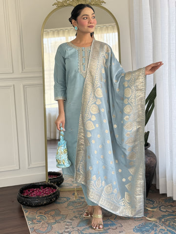 Viscose Chanderi Embroidered Kurta Set with Jacquard Dupatta – Women's Ethnic Wear