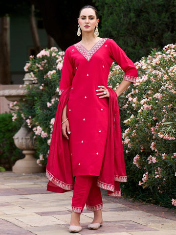 Women's Slub Rayon Kurta Set with Embroidery & Chinon Dupatta