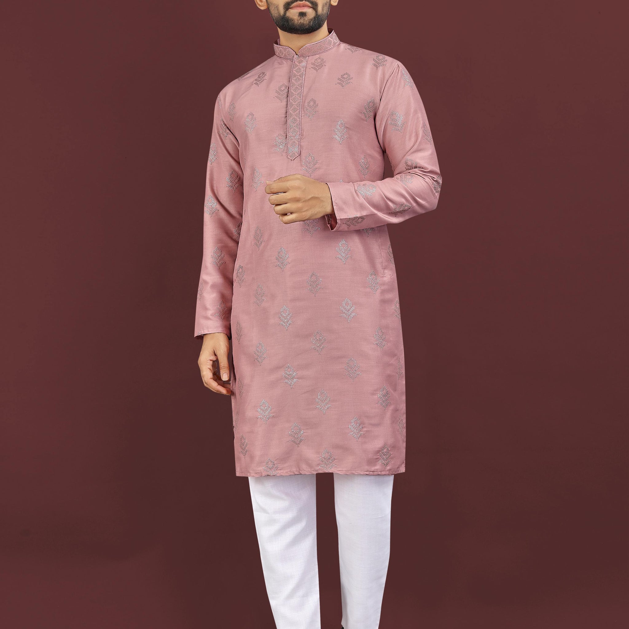 Men's Heavy Viscose Silk Embroidered Sequence Kurta with Cotton Pajama