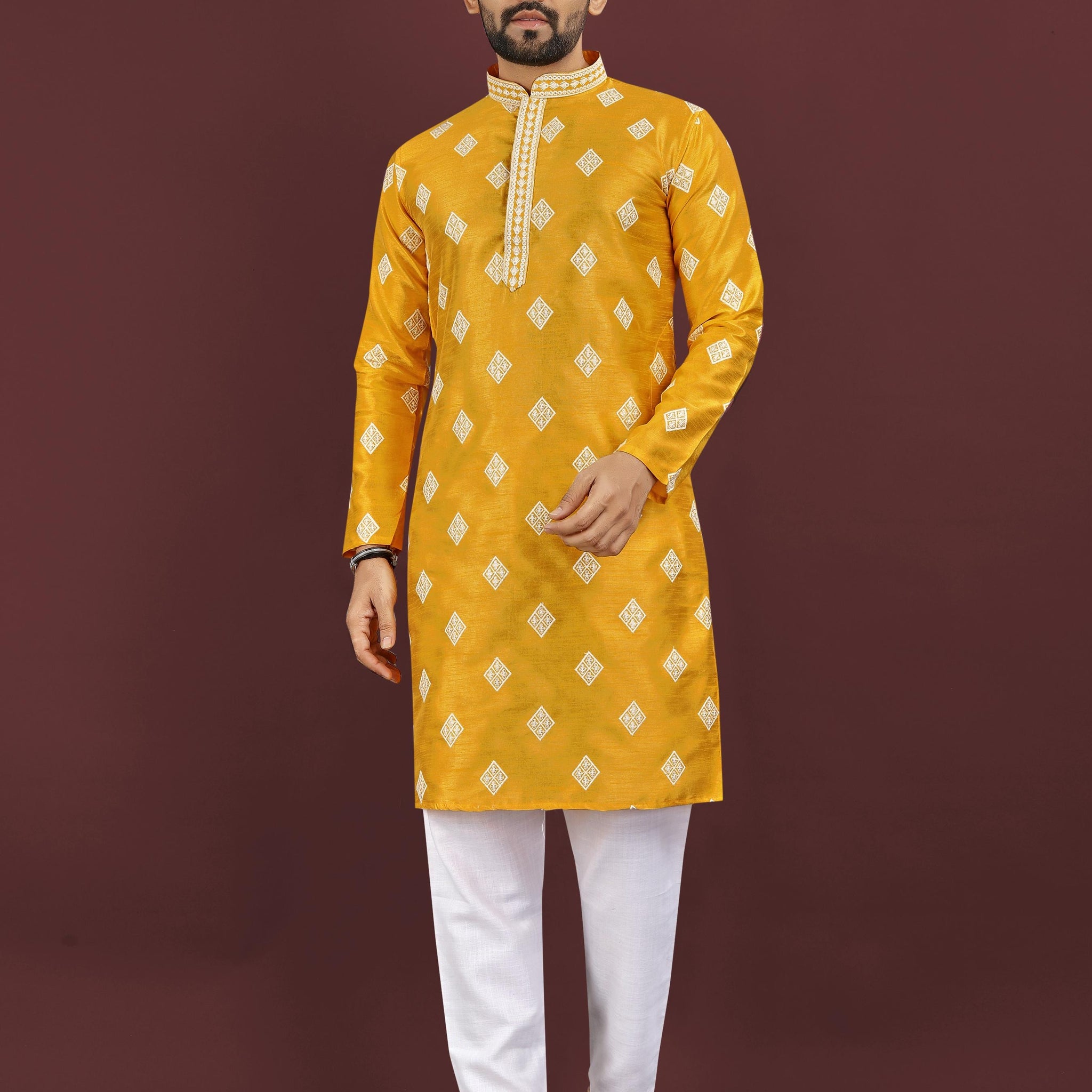 Festive Party Wear Men's Kurta Set - Heavy Mono Silk Embroidery Kurta & Cotton Pajama