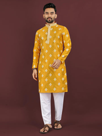Festive Party Wear Men's Kurta Set - Heavy Mono Silk Embroidery Kurta & Cotton Pajama