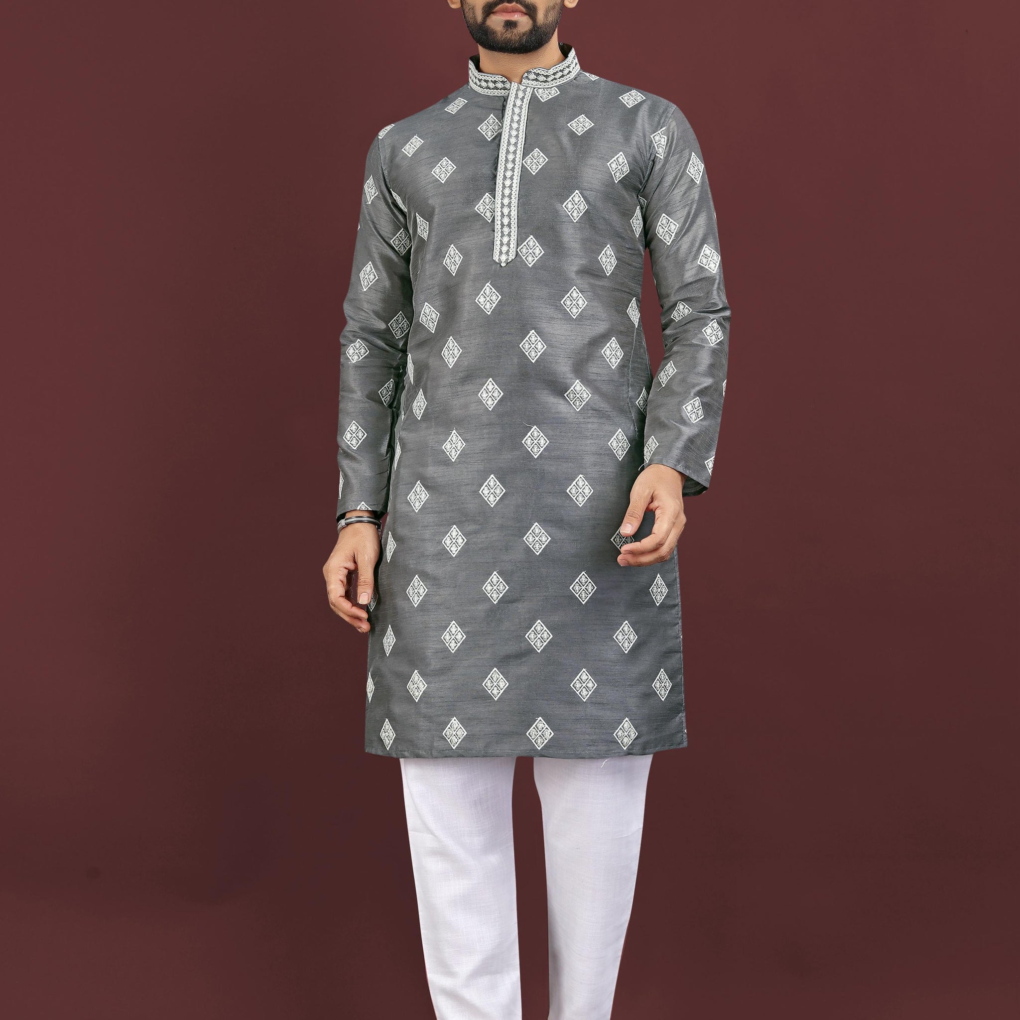 Men's Heavy Mono Silk Embroidered Kurta Set with Cotton Pajama - Festive & Party Wear