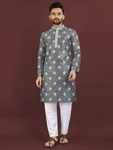 Men's Heavy Mono Silk Embroidered Kurta Set with Cotton Pajama - Festive & Party Wear