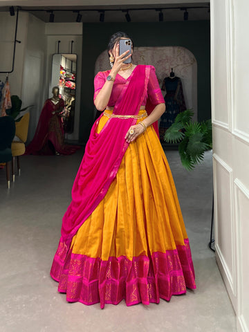 Latest Kanchipuram Silk Mustard Half Saree