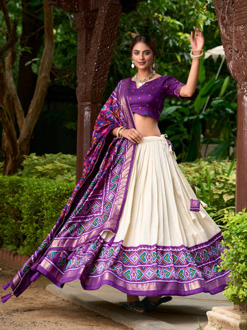Purple Heavy Tussar Silk Patola Print Lehenga Choli with Dupatta - Unstitched Blouse For Women's