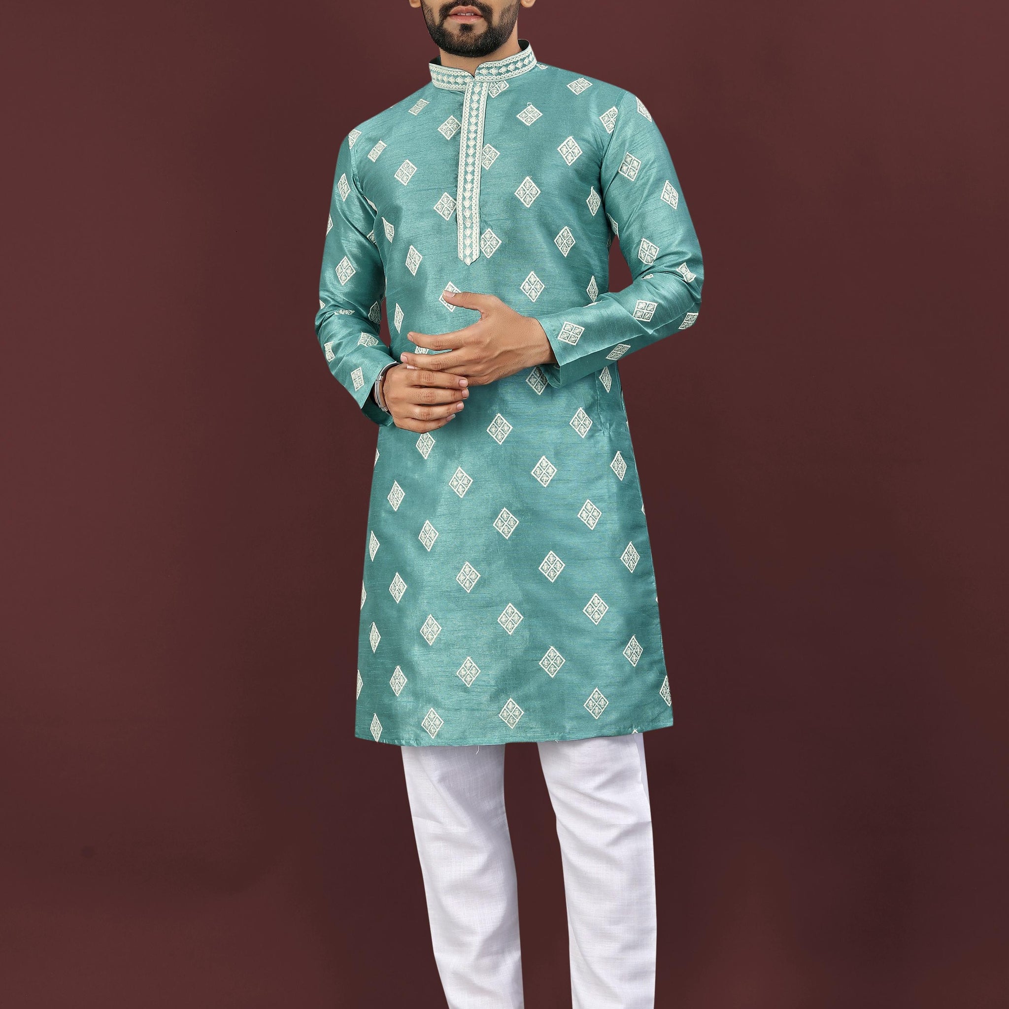 Men's Heavy Mono Silk Embroidered Kurta Set with Cotton Pajama - Festive & Party Wear