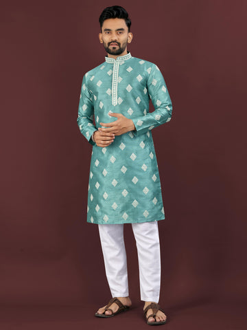 Men's Heavy Mono Silk Embroidered Kurta Set with Cotton Pajama - Festive & Party Wear