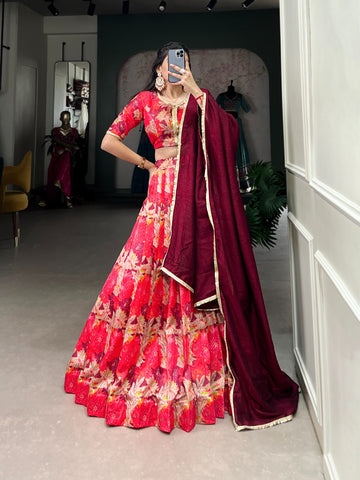 Red Printed Half Saree For Women