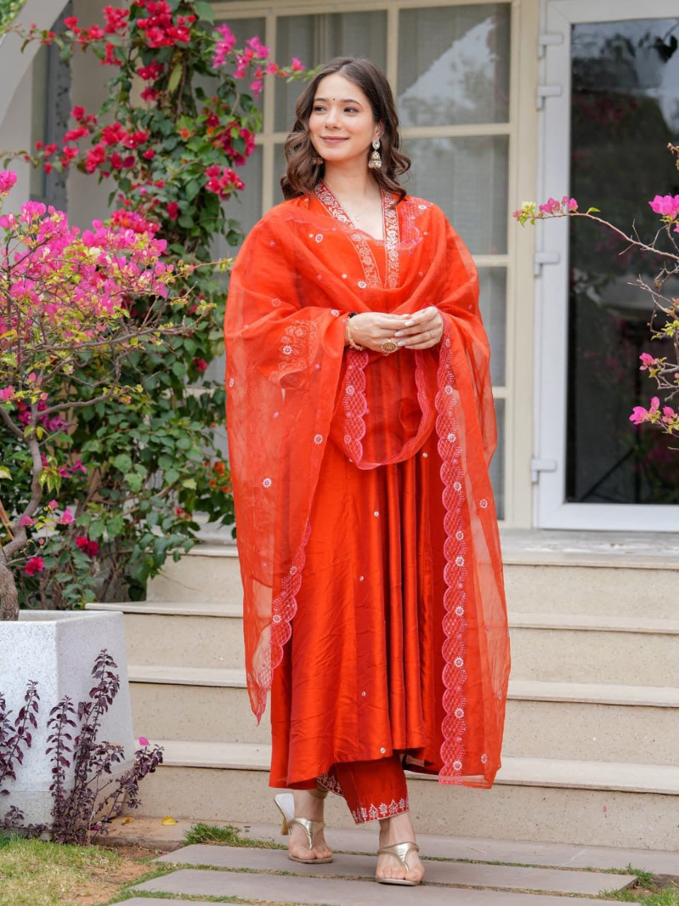 Women’s Kurta Set Orange Heavy Viscose Chanderi Embroidered with Cotton Chanderi Dupatta
