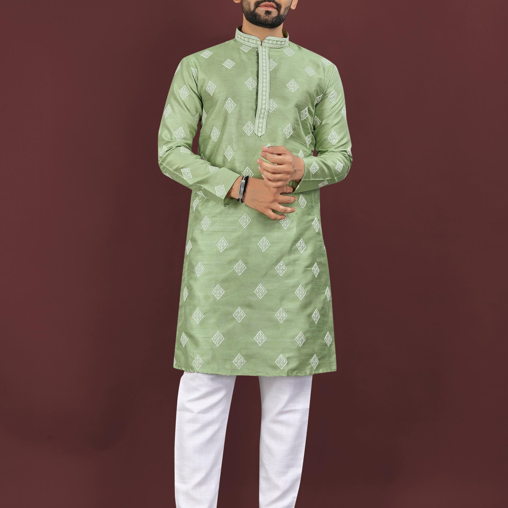 Festive Party Wear Men's Kurta Set - Heavy Mono Silk Embroidery Kurta & Cotton Pajama