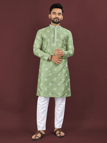 Festive Party Wear Men's Kurta Set - Heavy Mono Silk Embroidery Kurta & Cotton Pajama