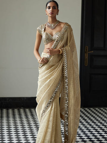 Heavy Organza Saree with Original Mirror Embroidery Work & Stitched Mono Silk Blouse – Premium Designer Collection