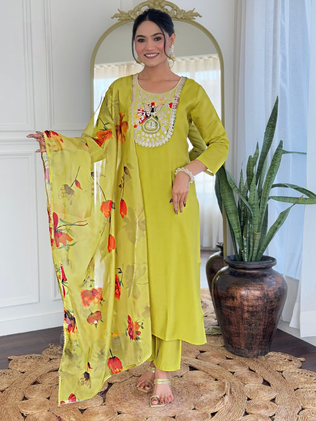 Lemon Heavy Rayon Embroidered Kurta Set with Tebby Digital Print Dupatta For Women's