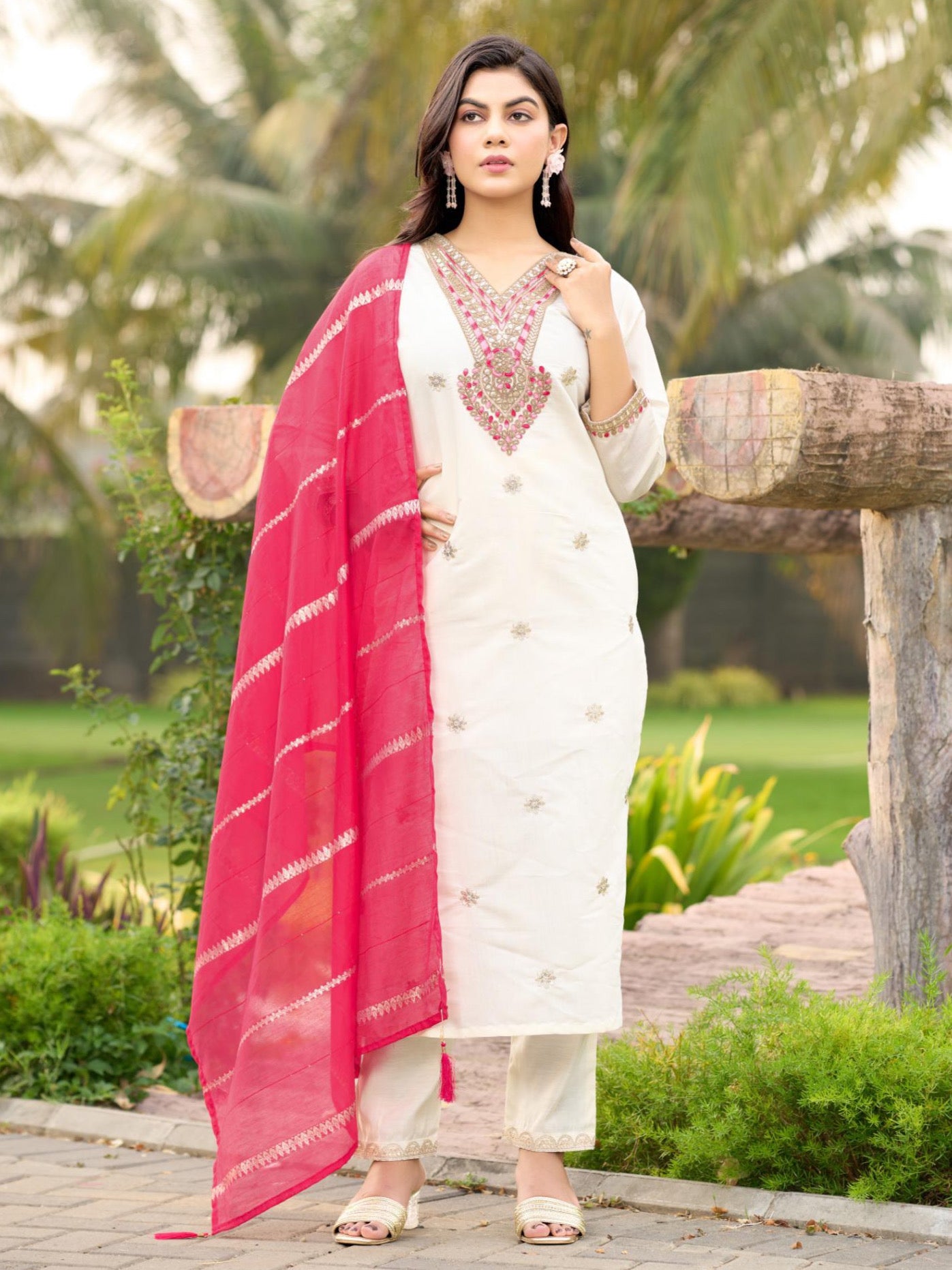Designer Offwhite Roman Silk Kurta Set with Cotton Silk Dupatta & Intricate Embroidery