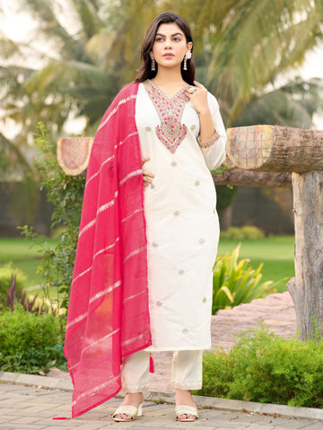 Designer Offwhite Roman Silk Kurta Set with Cotton Silk Dupatta & Intricate Embroidery