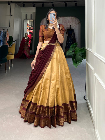 Cream Kanchipuram Half Saree For Women