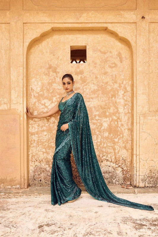 Georgette Teal Colour Sequence Saree For Women