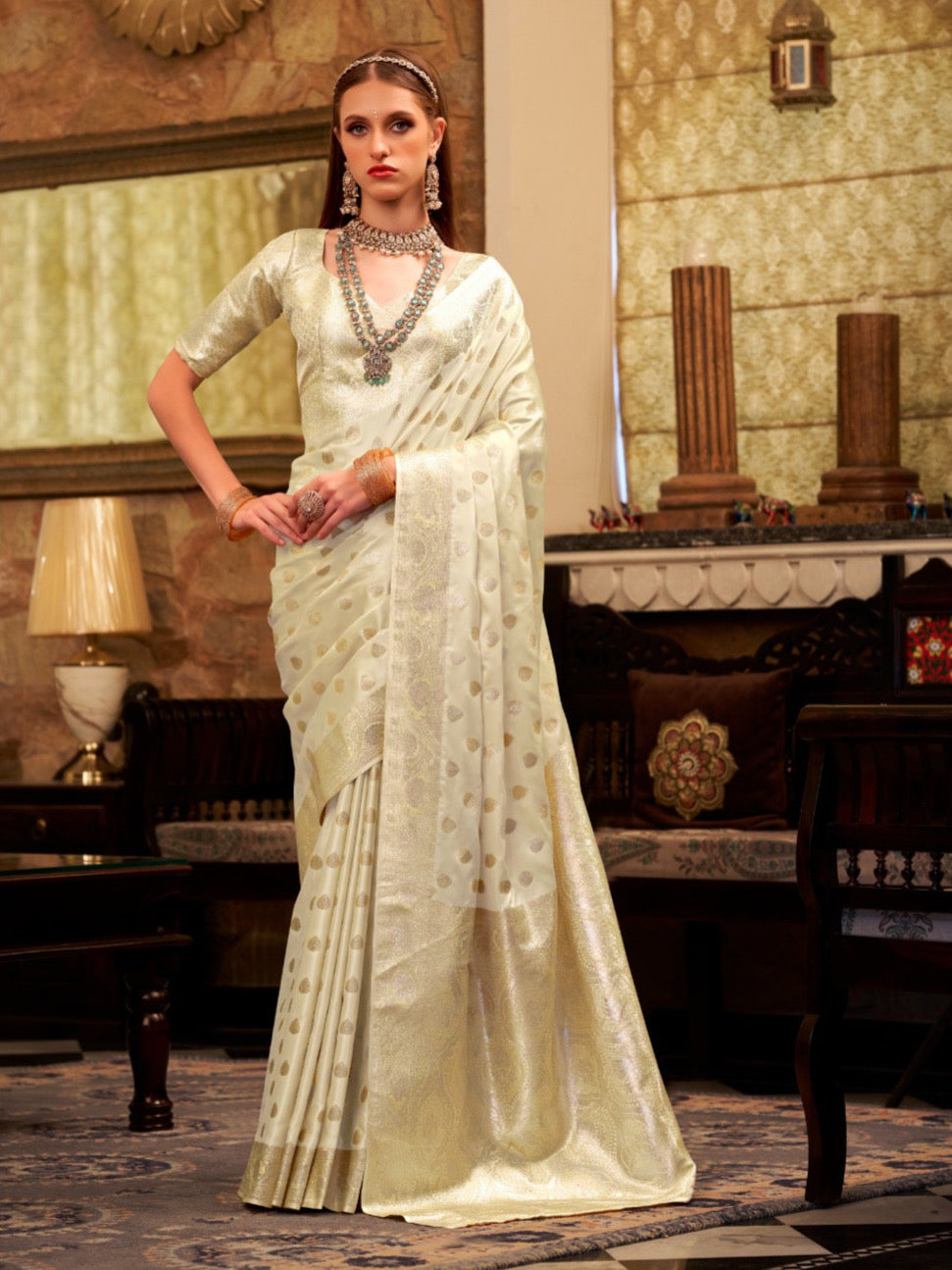 Cream Satin Silk Saree with Smooth Silken Touch For Women's